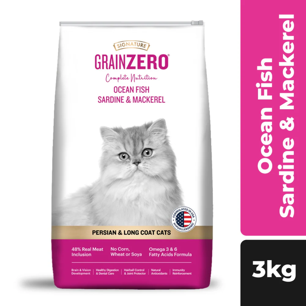 Signature Grain Zero Ocean Fish, Sardine and Mackerel Long Coat & Persian Adult Cat Dry Food - Runbopad
