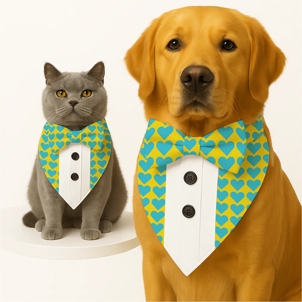 PawsIndia Heart Pattern Tuxedo Bandana with Matching Bow for Dogs and Cats - Runbopad