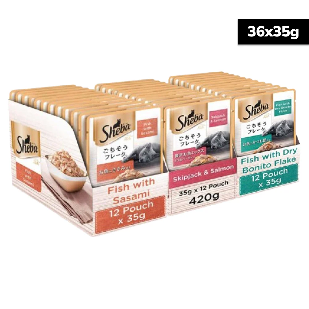 Sheba Fish with Dry Bonito Flake, Skipjack & Salmon Fish and Fish with Sasami Cat Wet Food Combo - Runbopad