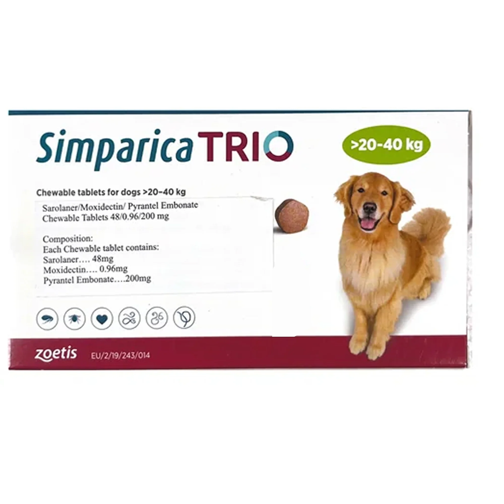 Zoetis Simparica Trio (Sarolaner) Tick & Flea Control Tablet for Dogs 5 to 10 kg (1 Tablet) and 20 to 40 kg (1 Tablet) Combo - Runbopad