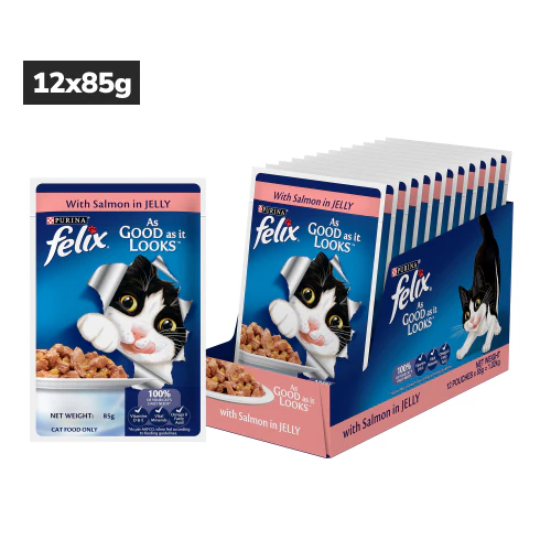 Purina Felix Salmon Jelly Adult Wet Food, Me O Creamy Chicken Liver Treats Cats Combo - Runbopad