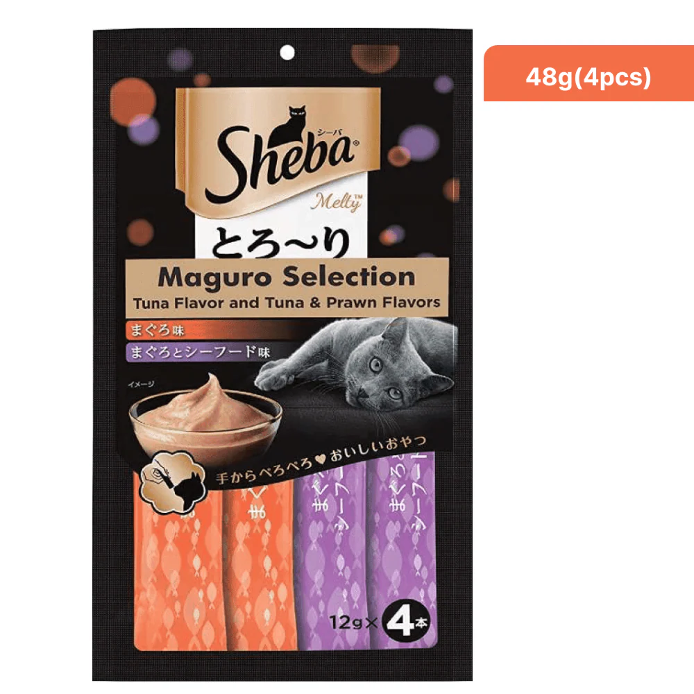 Sheba Tuna Flavor and Tuna & Prawn Maguro Selection Melty Premium Treat and Skipjack & Salmon Fish Mix Cat Wet Food Combo - Runbopad