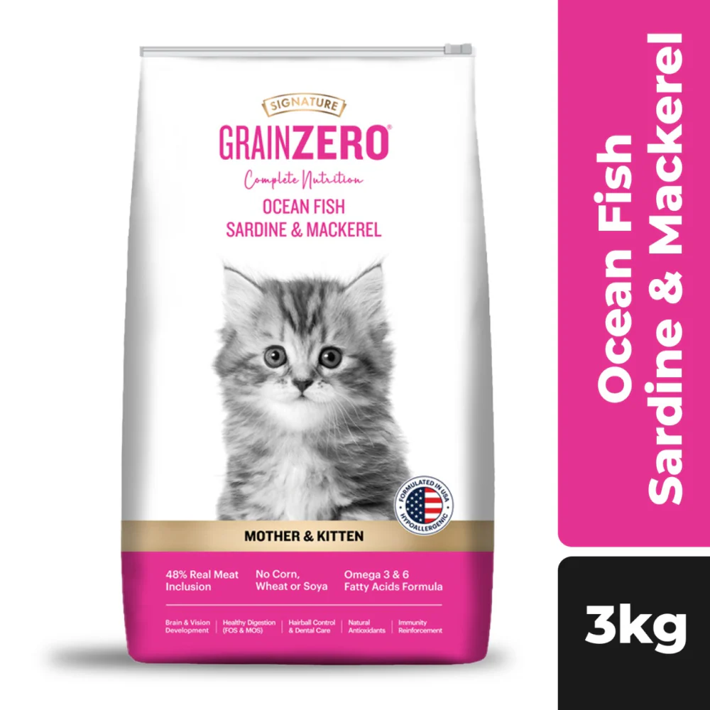 Signature Grain Zero Ocean Fish, Sardine and Mackerel Mother and Kitten Cat Dry Food - Runbopad