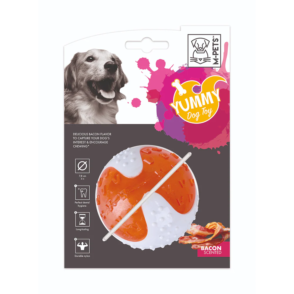 M Pets Yummy Bacon Scented Ball Toy for Dogs (White/Orange) - Runbopad