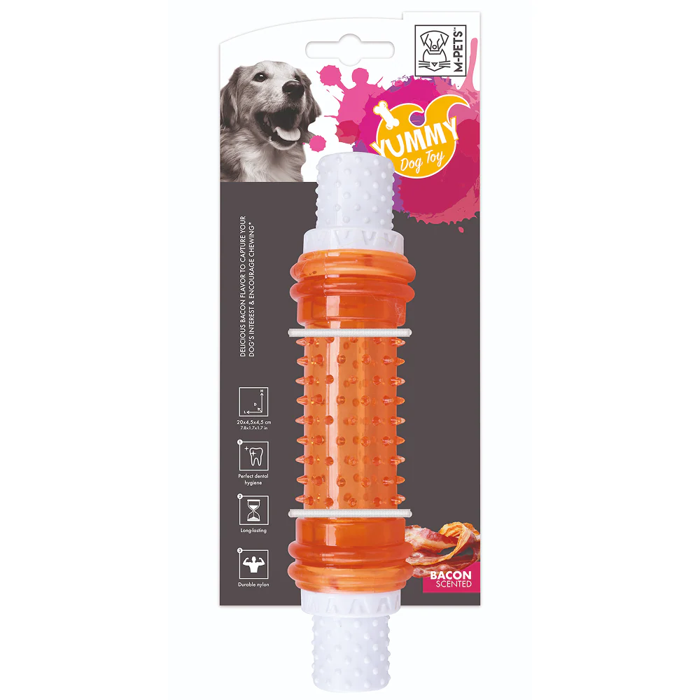 M Pets Yummy Bacon Scented Stick Toy for Dogs (White/Orange) - Runbopad