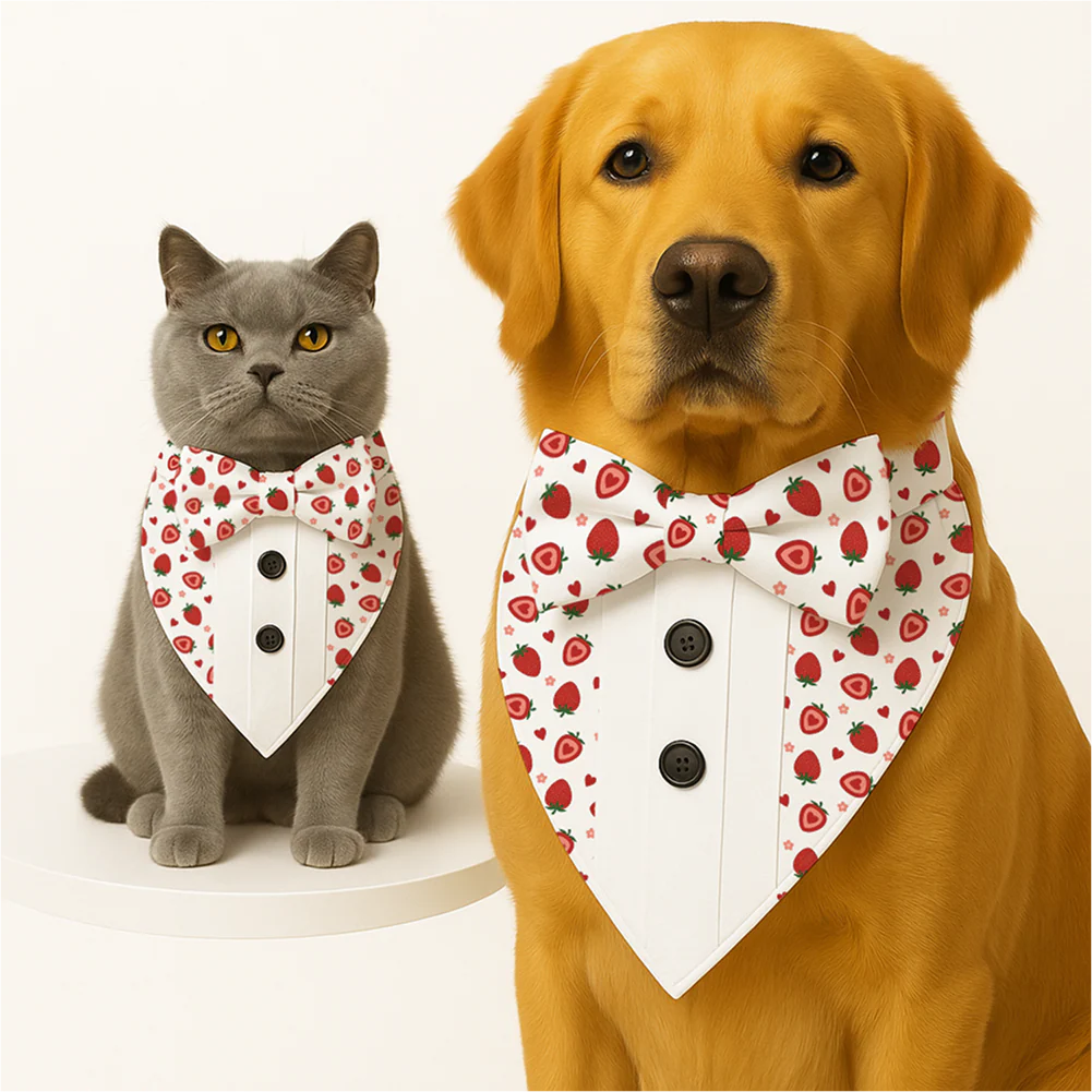 PawsIndia Strawberry Pattern Tuxedo Bandana with Matching Bow for Dogs and Cats - Runbopad
