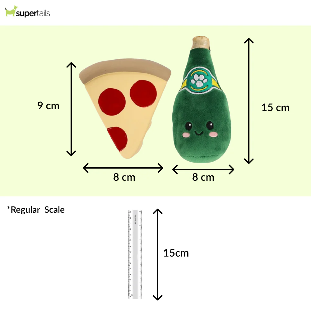 Talking Dog Club Pizza with Perrier Party Combo Plush Toy for Dogs (Red and Green) - Runbopad