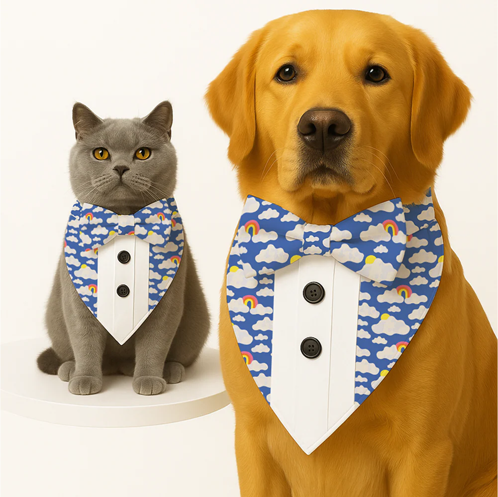 PawsIndia Sky Rainbows Pattern Tuxedo Bandana with Matching Bow for Dogs and Cats - Runbopad