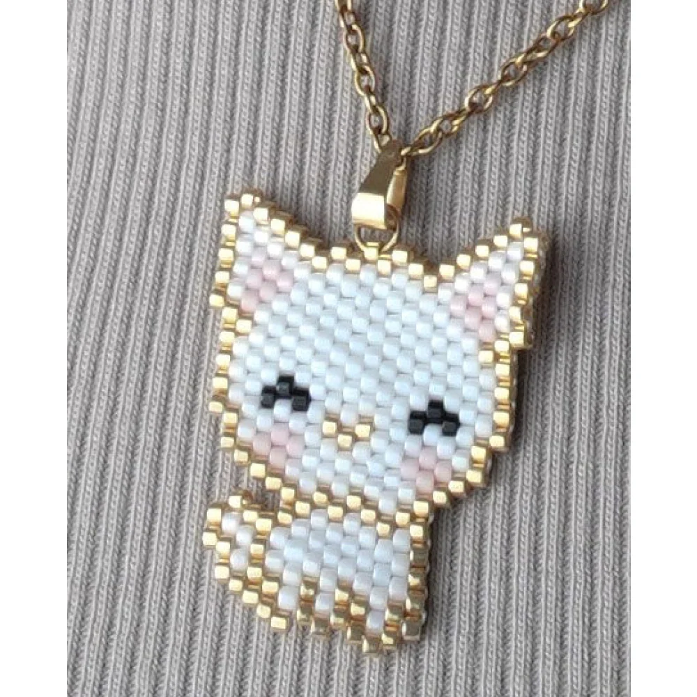 Jenni & Janki Cat Handcrafted Miyuki Delica Beaded Necklace (White) - Runbopad