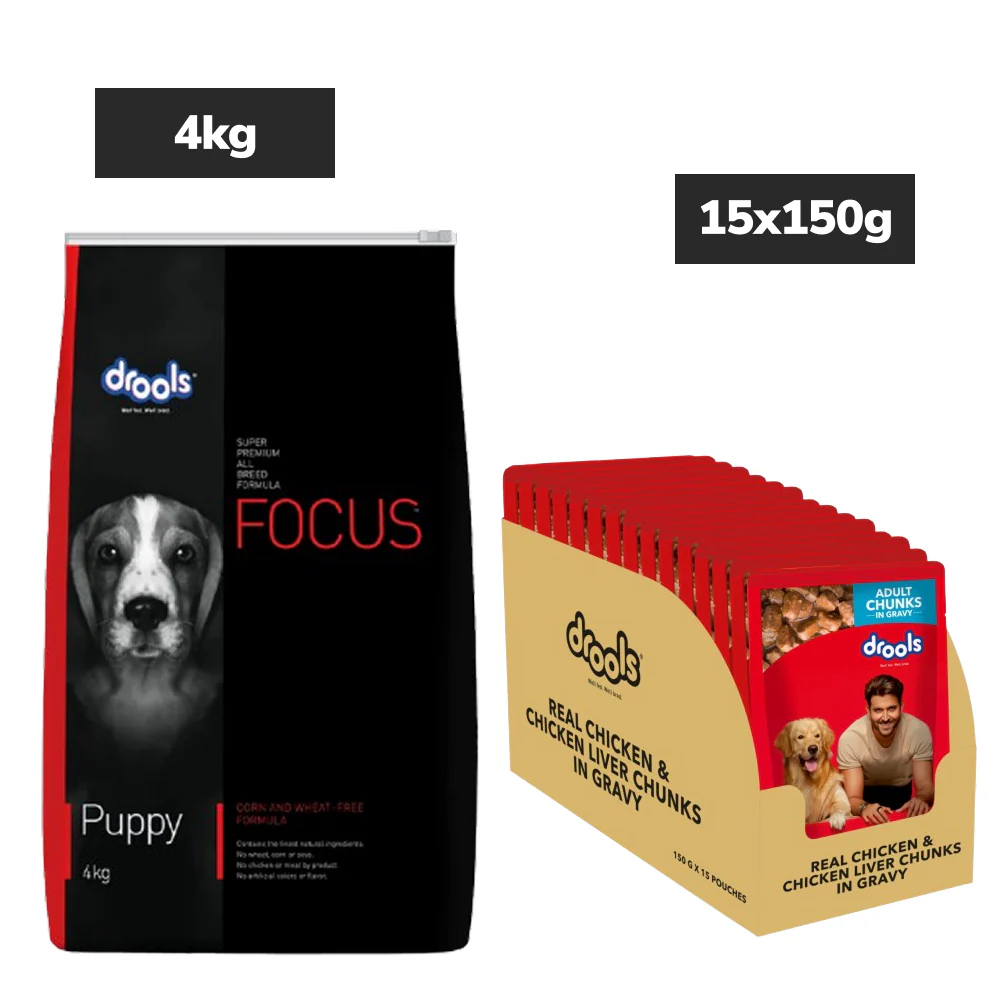 Drools Focus Super Premium Dry Food and Chicken & Liver Chunks in Gravy Adult Dog Wet Food Combo - Runbopad