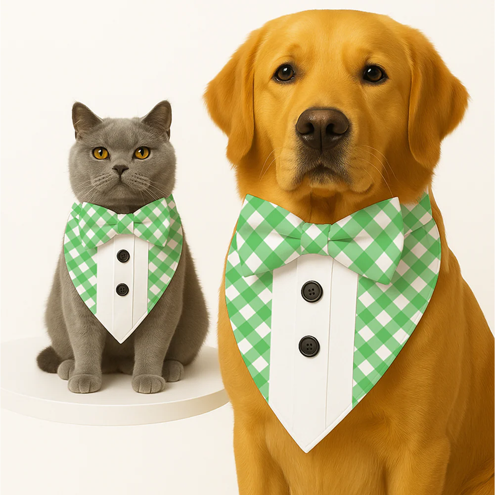 PawsIndia Green Checks Pattern Tuxedo Bandana with Matching Bow for Dogs and Cats - Runbopad