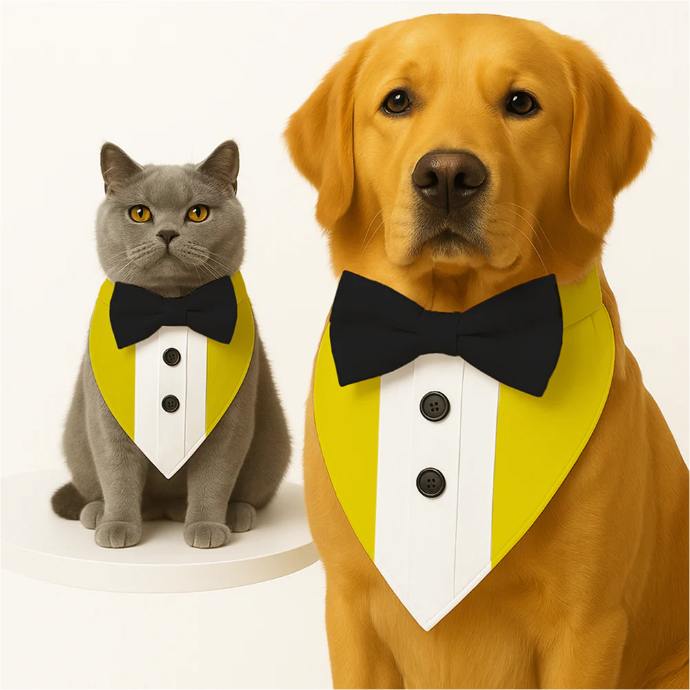 PawsIndia Yellow Tuxedo Bandana with Black Bow for Dogs and Cats - Runbopad