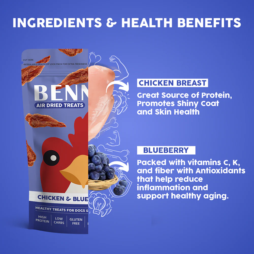 Bennys Bowl Chicken and Blueberry Jerky Dog Treats - Runbopad