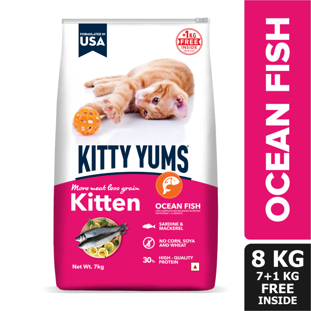 Kitty Yums Ocean Fish Kitten Dry Food, Me O Creamy Chicken Liver Cats Treats Combo - Runbopad