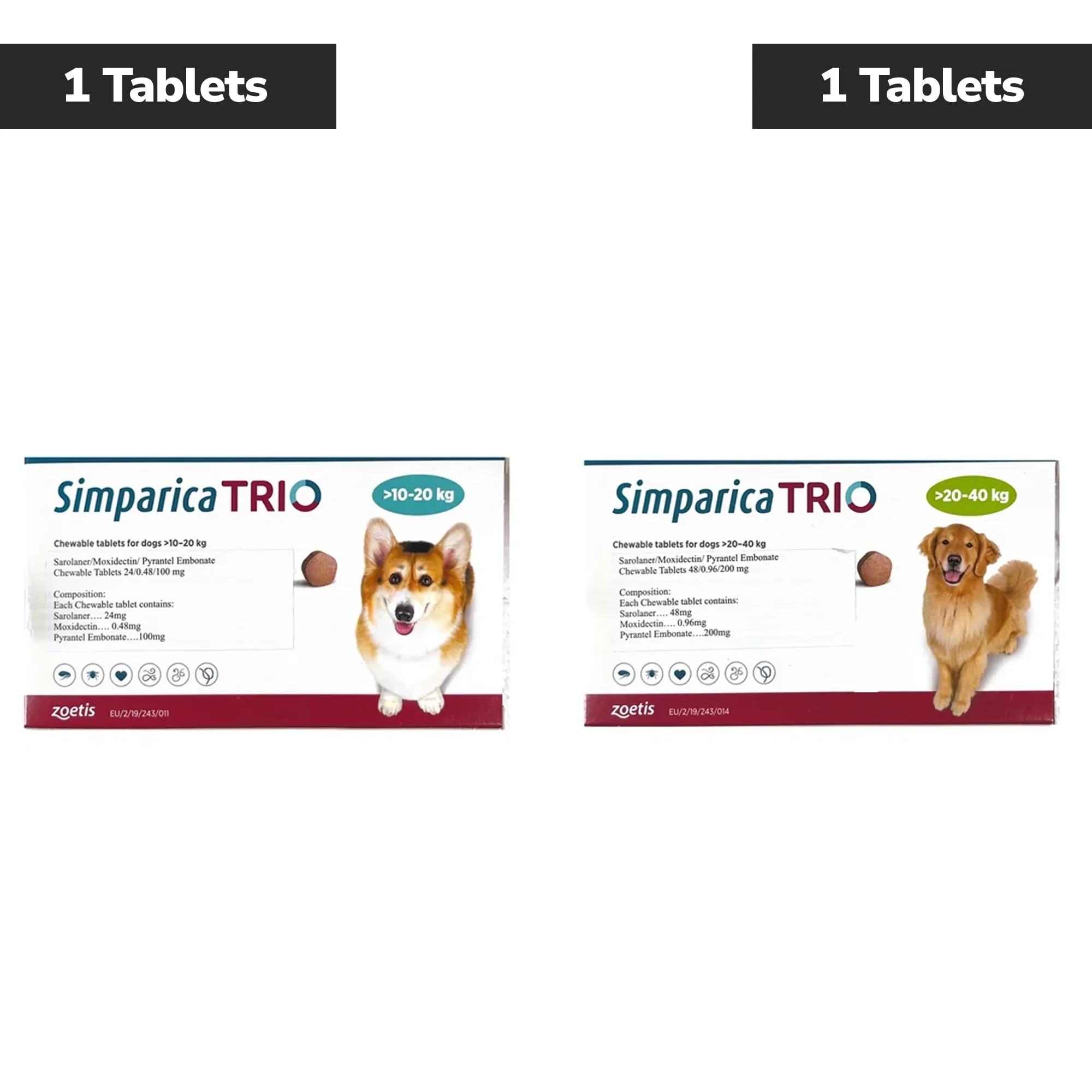 Zoetis Simparica Trio (Sarolaner) Tick & Flea Control Tablet for Dogs 10 to 20 kg (1 Tablet) and 20 to 40 kg (1 Tablet) Combo - Runbopad