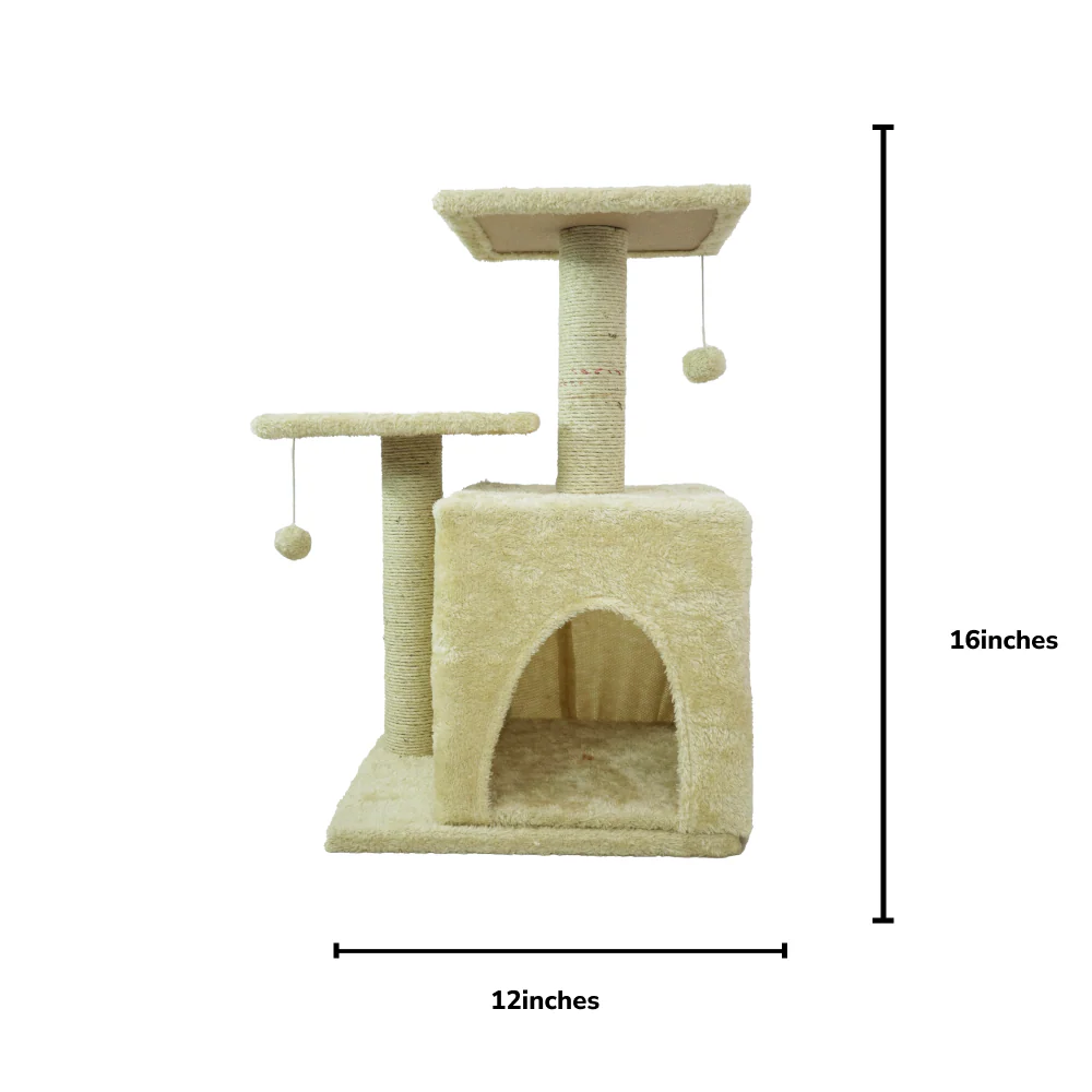 Skatrs Cat Tree with Sisal Rope, Scratching Post, Condo & Hanging Toys for Cats & Kittens (Beige) - Runbopad