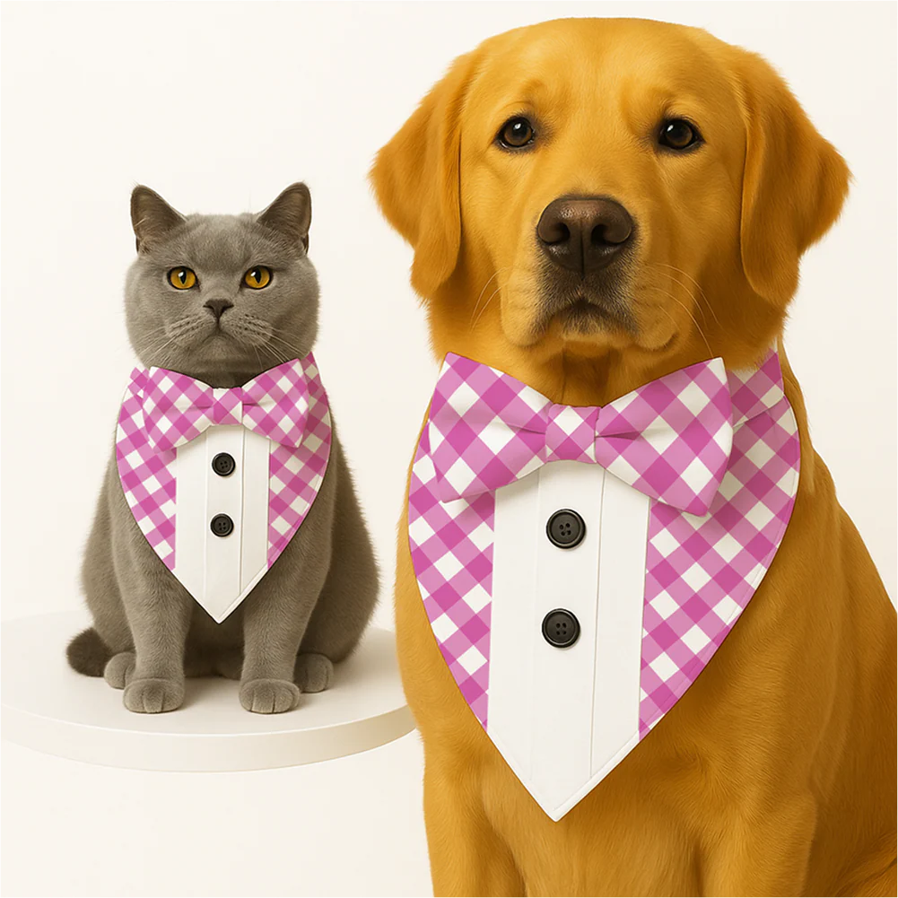 PawsIndia Pink Checks Pattern Tuxedo Bandana with Matching Bow for Dogs and Cats - Runbopad