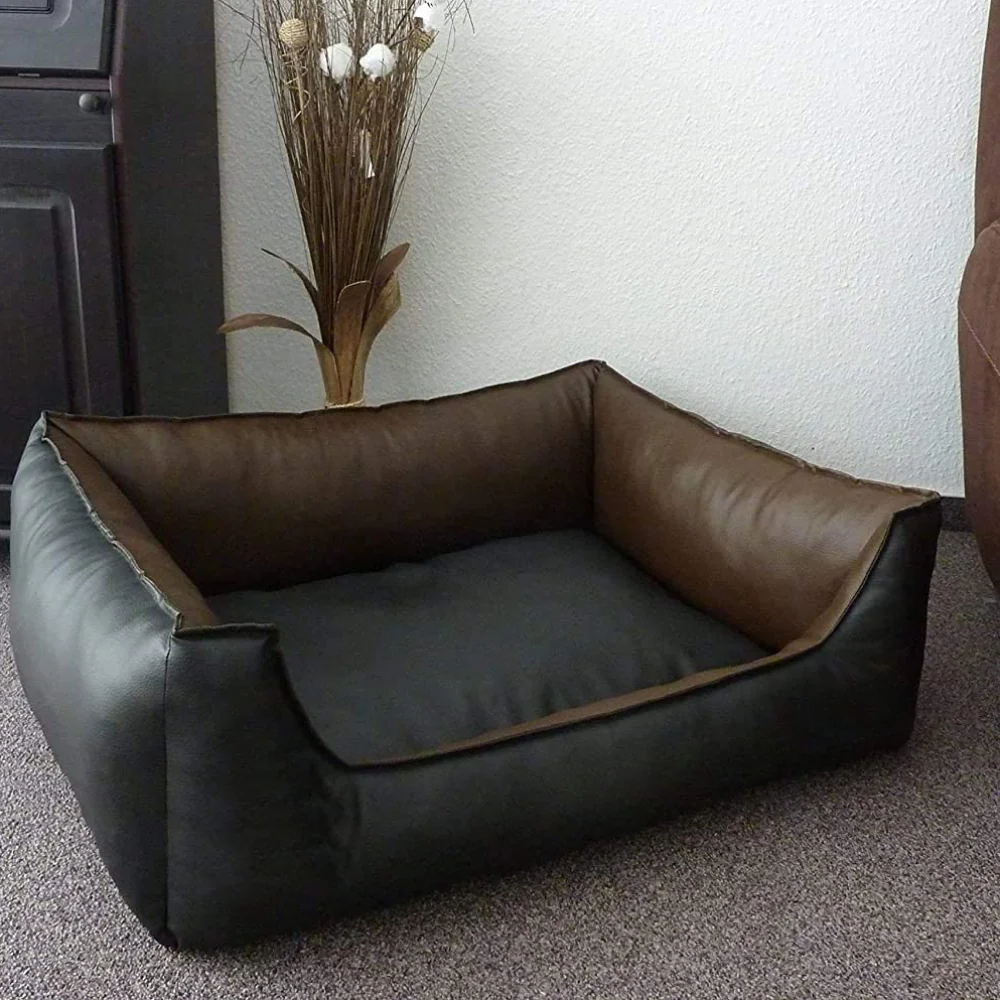 Fluffy's Pawsome Brown & Black Leather Sofa Bed & Basil Red Plush Monster Squeaky Toy Dogs & Cats Combo - Runbopad