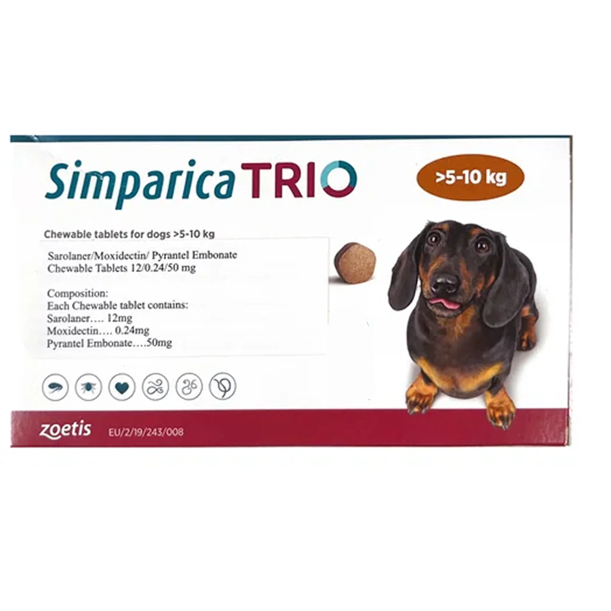 Zoetis Simparica Trio (Sarolaner) Tick & Flea Control Tablet for Dogs 5 to 10 kg (1 Tablet) and 10 to 20 kg (1 Tablet) Combo - Runbopad