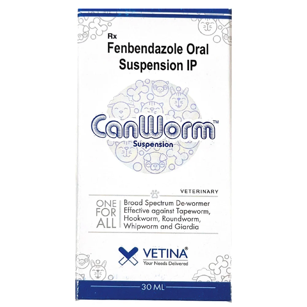 Vetina Canworm (Fenbendazole) Pet Deworming Suspension (30ml) and Venkys Gutwell Pre & Probiotics Gut Health Powder (!00g) for Dogs and Cats Combo - Runbopad