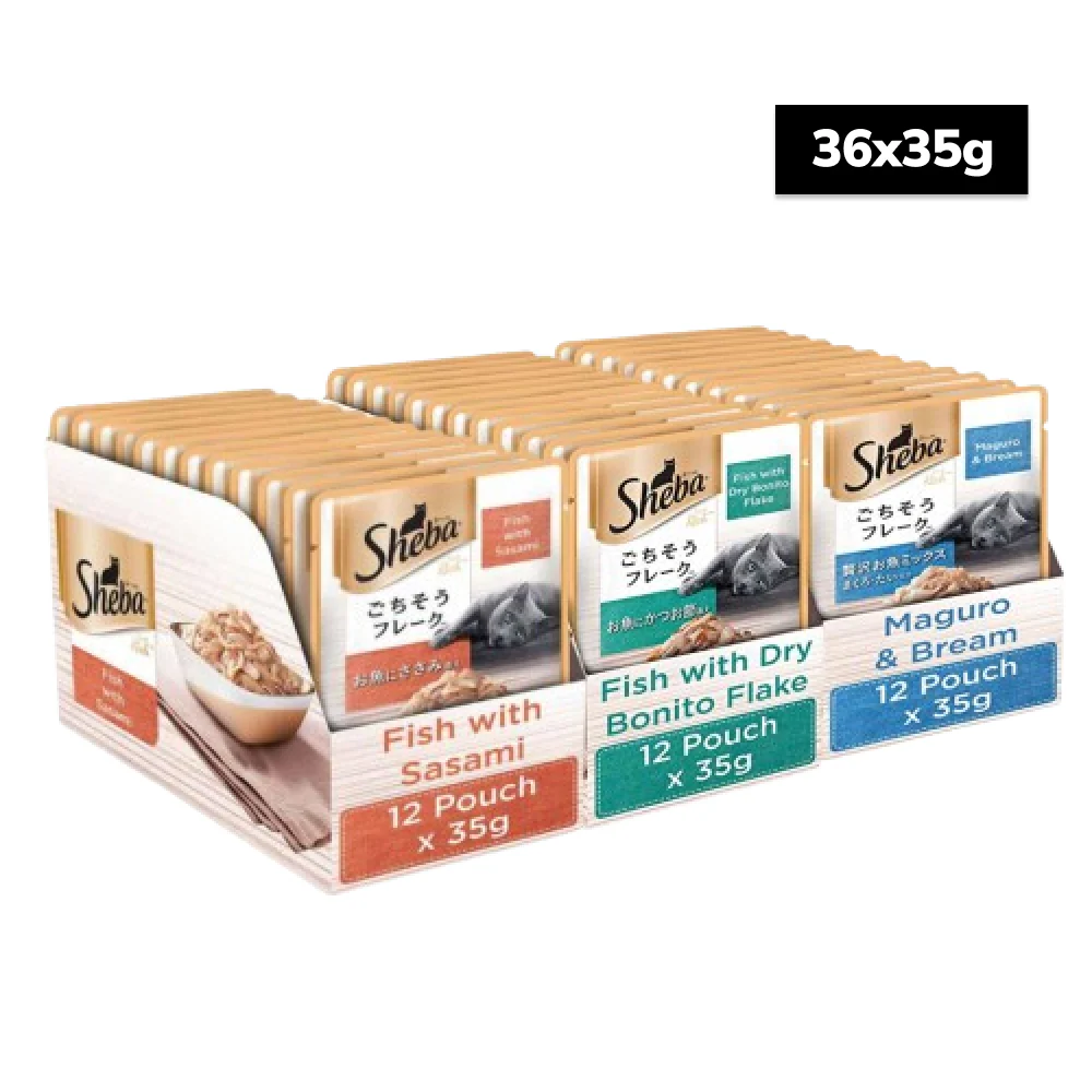 Sheba Fish with Sasami, Dry Bonito Flake and Maguro & Bream Fish Mix Premium Cat Wet Food Combo - Runbopad