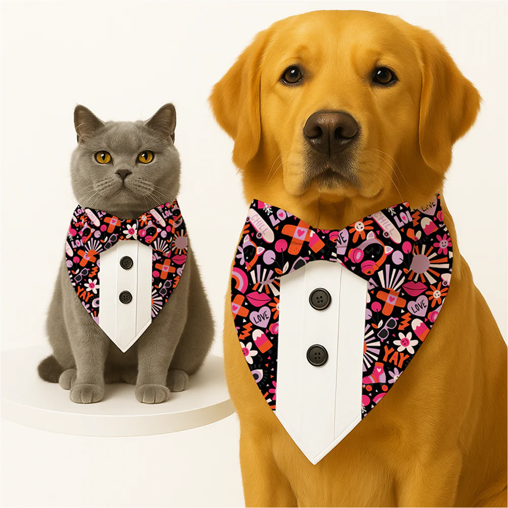PawsIndia Pop Funk Pattern Tuxedo Bandana with Matching Bow for Dogs and Cats - Runbopad