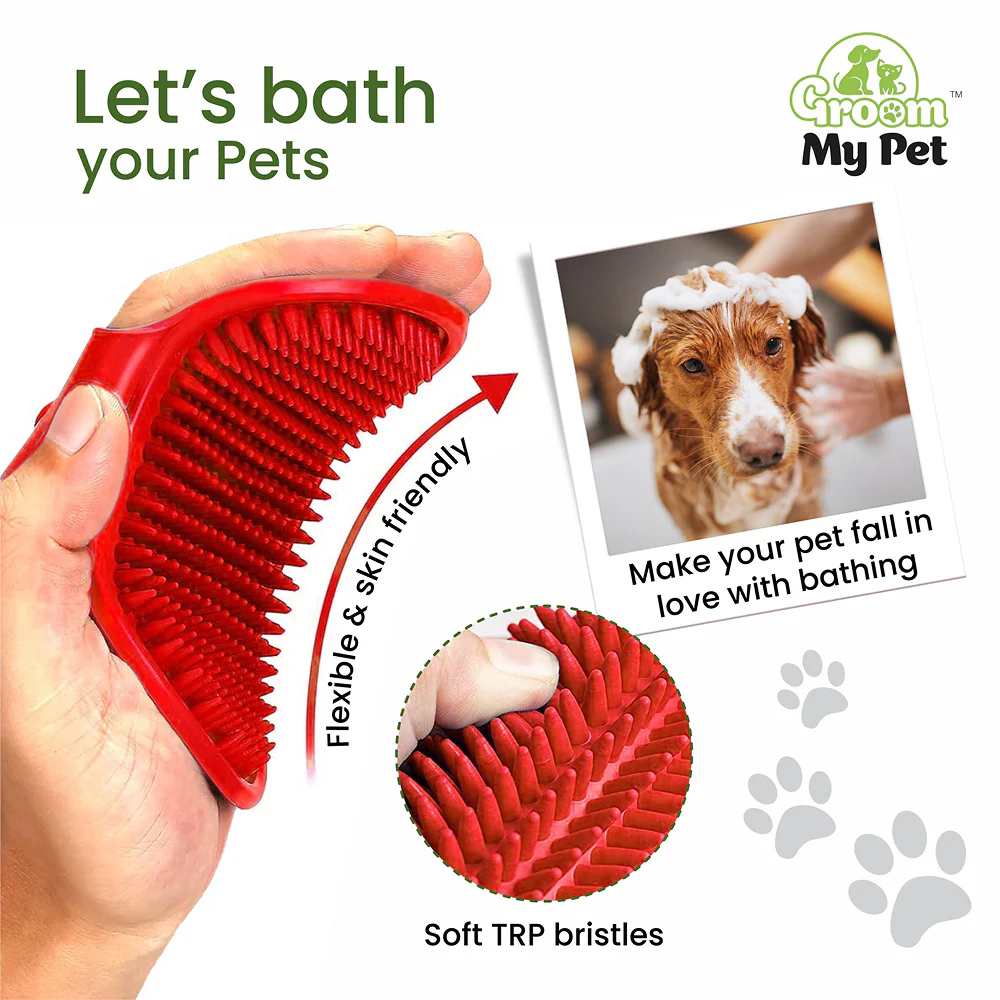 Groom My Pet Bathing & Grooming Hand Brush for Dogs and Cats (Red) - Runbopad
