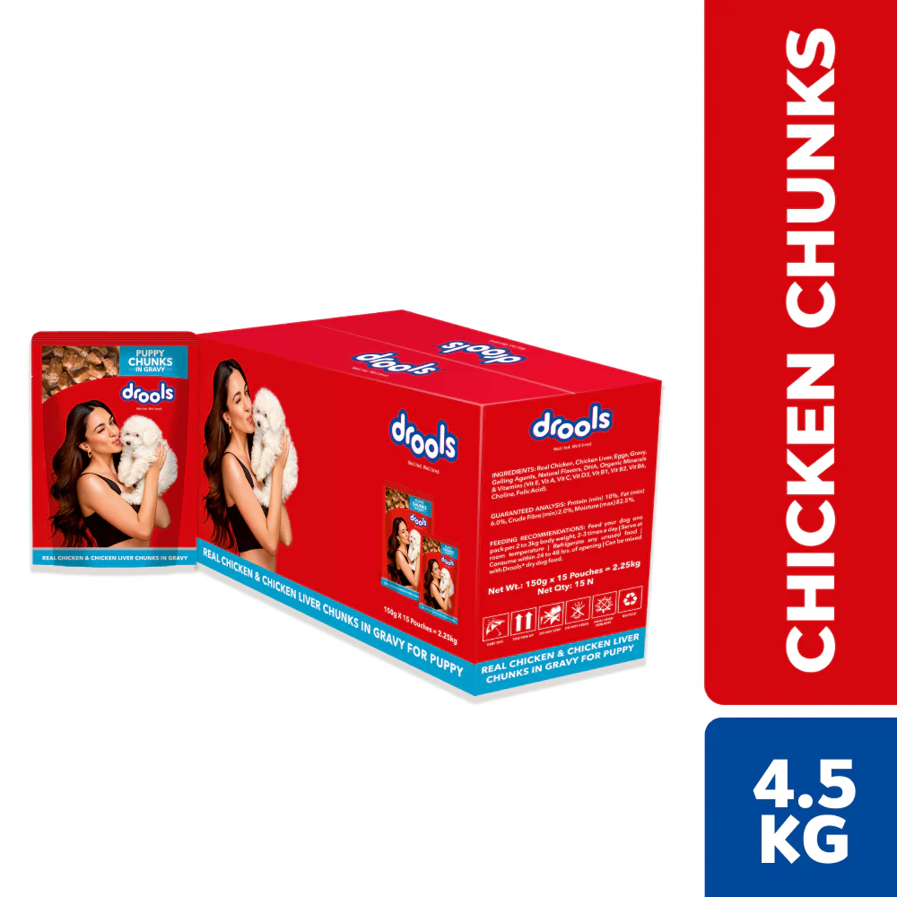 Drools Real Chicken & Chicken Liver Chunks in Gravy Puppy Dog Wet Food - Runbopad