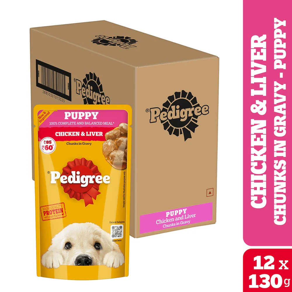Pedigree Chicken and Liver Chunks in Gravy Pouch Puppy Dog Wet Food (130g) - Runbopad