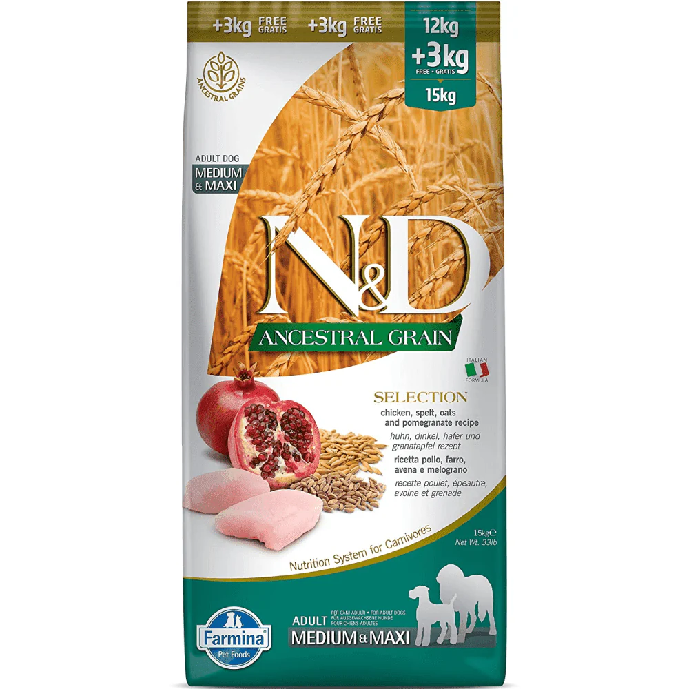 Farmina N&D Chicken & Pomegranate Ancestral Grain Selection Adult Medium Maxi Dog Dry Food - Runbopad