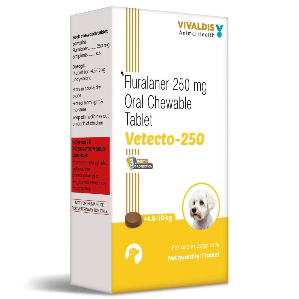 Vivaldis Vetecto 250 (Fluralaner) chewable Tick & Flea tablet for Dogs (4.5 to 10 kg) - Runbopad