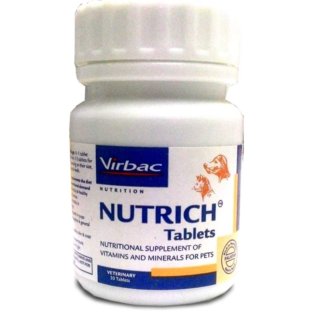 Virbac Nutrich Multi Vitamin Tablets (30 Tablets) and Vitabest Derm Omega 3+6 Syrup (250ml) for Dogs and Cats Combo - Runbopad