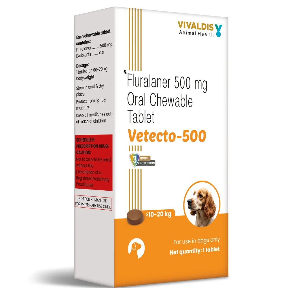 Vivaldis Vetecto 500 (Fluralaner) chewable Tick & Flea tablet for Dogs (10 to 20 kg) - Runbopad
