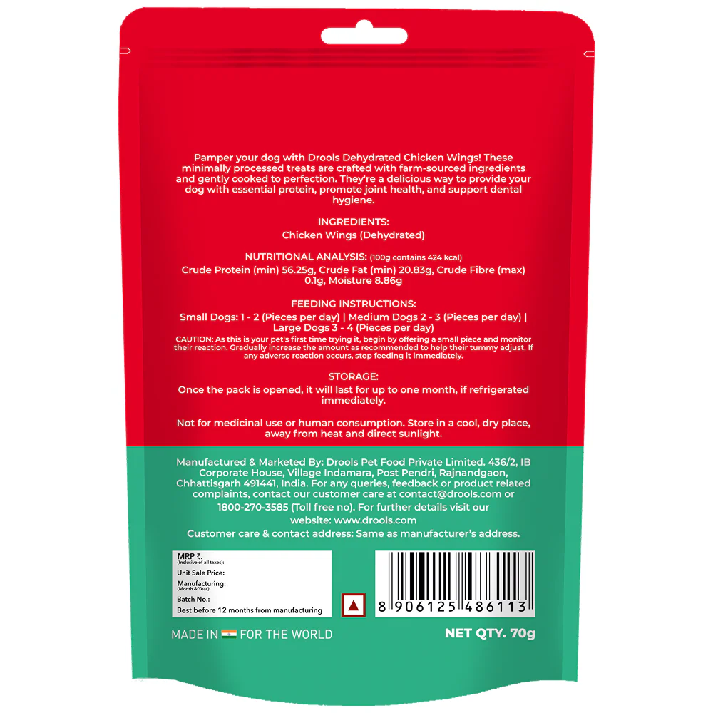Drools Dehydrated Real Chicken Wing Chews Treat for Dogs - Runbopad