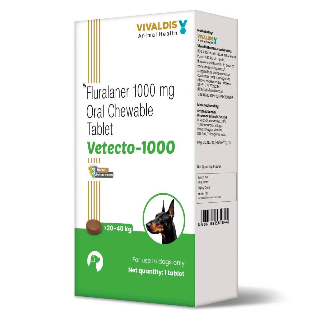 Vivaldis Vetecto 1000 (Fluralaner) chewable Tick & Flea tablet for Dogs (20 to 40 kg) - Runbopad